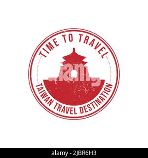 Grunge rubber stamp with the text Taiwan travel destination written inside the stamp. Time to travel. Silhouette of Chiang Kai-shek Memorial Hall Taiw Stock Vector