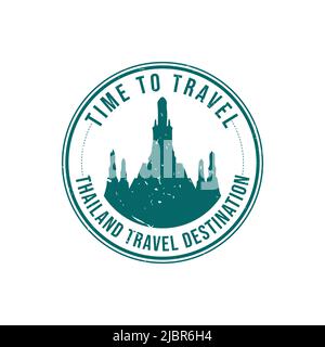 Grunge rubber stamp with the text Thailand travel destination written inside the stamp. Time to travel. Silhouette of wat arun temple Thailand histori Stock Vector