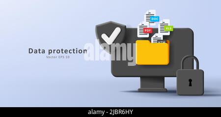 Data protection 3d illustration with computer and folder with files with security shield and padlock. Vector illustration Stock Vector