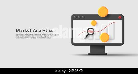 Digital 3d illustration of computer screen with bar chart and coins. Vector illustration Stock Vector