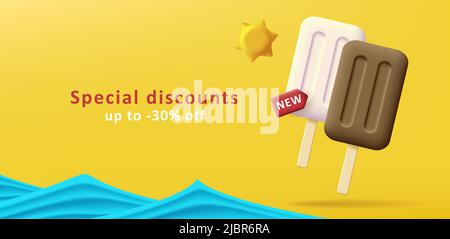 Web discount banner with 3d render illustration of ice cream on stick with sea and sun. Vector illustration Stock Vector