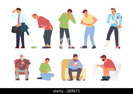 Set of ill different sick men isolated on white background. Bundle of unhappy people suffer from illness, pain or ache in different body parts. Flat A Stock Photo