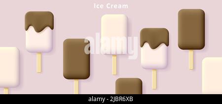 Background with ice creams on sticks, vanilla with chocolate. Vector illustration Stock Vector