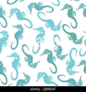 Watercolor seahorses, starfishes and seashells in blue and turquoise. Stock Vector