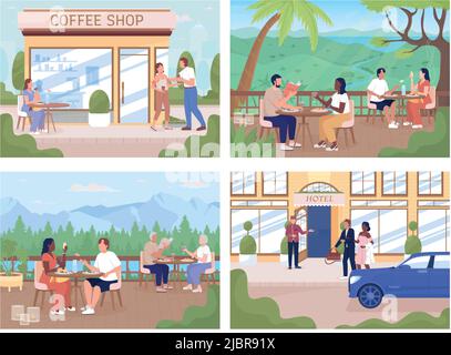 People spending time in public places flat color vector illustrations set Stock Vector