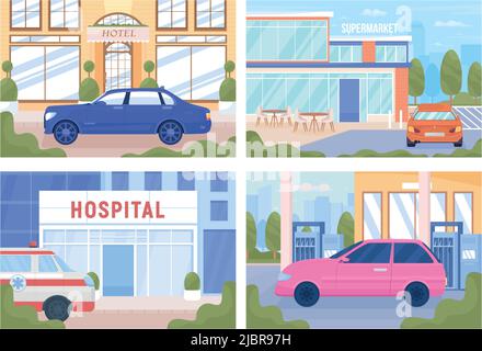 Urban infrastructure objects flat color vector illustrations set Stock Vector