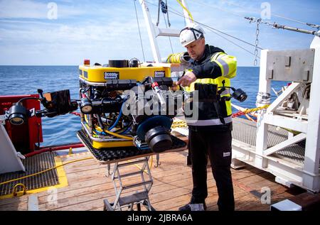 A new survey of M/S Estonia began on Tuesday, June 07, 2022, on board VOS Sweet in the Baltic Sea. Using a ROV (remotely operated vehicle), a photogrammetric survey will be carried out and then be made into a 3D model to inspect the damage to the ship. 852 people died when MS Estonia sank on September 28, 1994, during a crossing from Tallinn, Estonia, to Stockholm, Sweden. Picture: All instruments are calibrated before the dive. Photo Stefan Jerrevang / TT code 60160 Stock Photo