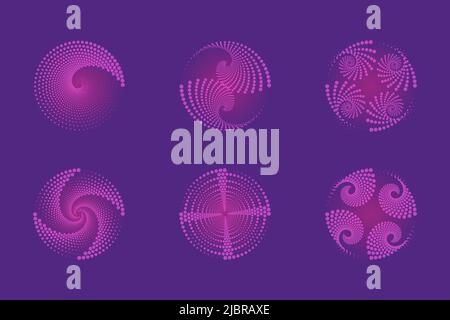 Set of spirals, Design elements, dotted abstract patterns. Spiral swirl, twist points, vortex halftone. Vector templates of circular radial rotation Stock Vector