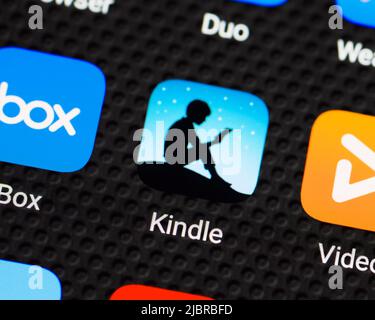 Kindle E-Reader App Icon on a Smartphone, Close Up Stock Photo