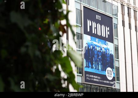 A billboard of South Korean boy band BTS is seen at Shibuya shopping district in Tokyo, Japan on June 8, 2022. Credit: AFLO/Alamy Live News Stock Photo