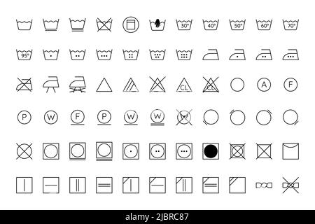 Laundry guide. A set of symbols, icons and icons with descriptions for washing, drying and ironing. Used for clothes and fabrics. Vector illustration with editable stroke. Stock Vector