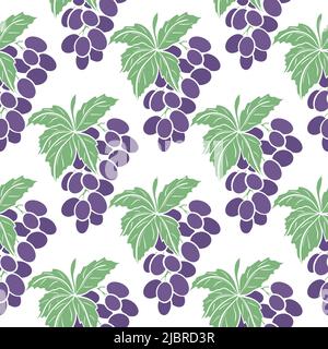 Purple grapes vector seamless pattern. Background with branches grapes with leaves. Print for paper, packaging and design. Template with berries illus Stock Vector