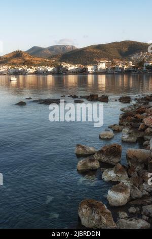 Beautiful Bodrum Peninsular viewed from the Turkish Aegean harbour town on the south west coast of Turkey. Stock Photo