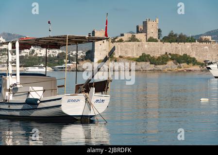 Bodrum, Mugla, Turkey. April 21st 2022 A fishing boat named Bodrum in Bodrum harbour, a popular Turkish tourist resort with a medieval fortress and a Stock Photo