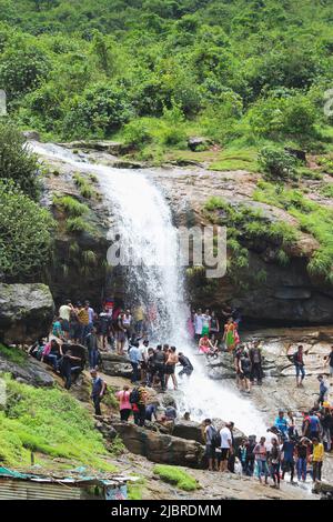 INDIA, MAHARASHTRA, PUNE, July 2017, People at Malavali waterfall, Lonavala Stock Photo