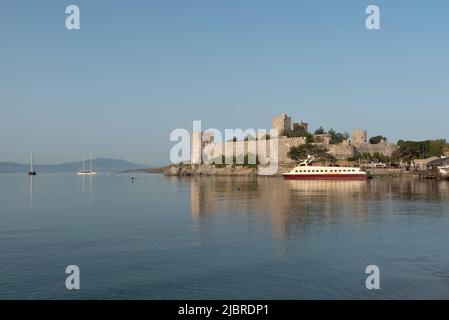 Bodrum, Mugla, Turkey. April 22nd 2022 Beautiful seascape view of Bodrum Castle with Yachts in the harbour of the Aegean Sea, south west Turkish coast Stock Photo