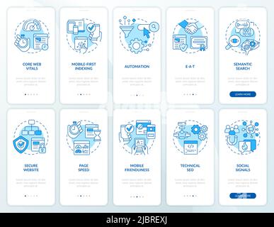 Search engine optimization blue onboarding mobile app screen set Stock Vector