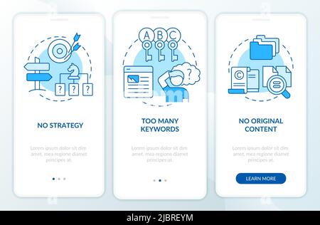 Search engine optimization mistakes blue onboarding mobile app screen Stock Vector