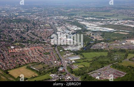 Aerial view looking west up the A630 road towards Rotherham town centre, South Yorkshire. Asda Rotherham Superstore prominent in the foreground.