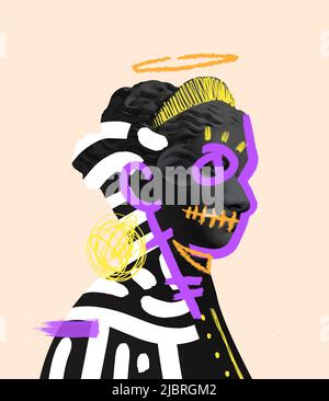 Contemporary art collage with antique black colored statue bust with neon drawings. Surreal style.. Female eye element Stock Photo