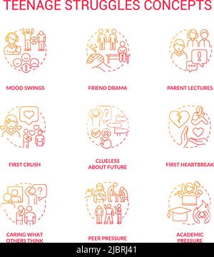 Teenage struggles red gradient concept icons set Stock Vector