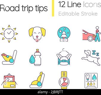 Road trip tips RGB color icons set Stock Vector