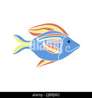 Beautiful striped sea fish isolated doodle style illustration. Underwater inhabitant colored baby character vector. Sea life cartoon clipart Stock Vector