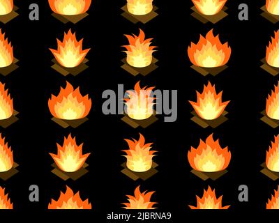 Fire seamless pattern. Flame in a flat style on a black background. Fire icons. Design for print, banners and wrapping paper. Vector illustration Stock Vector