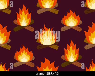 Burning bonfire seamless pattern. Burning firewood and flames in flat style. Design for print, banners and wrapping paper. Vector illustration Stock Vector