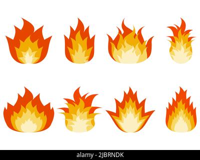 Fire icon set in flat style isolated on white background. Collection of fire icons of different shapes. Design for banners, posters and promotional pr Stock Vector