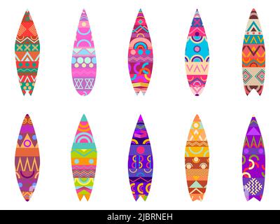 Surfboards isolated on white background. Set of surfboards with ethnic pattern. Types of surfboards with a pattern for printing, drawing on the board. Stock Vector
