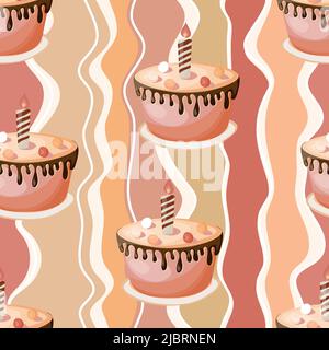 Holiday cooking seamless pattern. Cupcake, cake, sweet pastry, cupcake with colored icing and colorful details. Food concept. Realistic vector Stock Vector