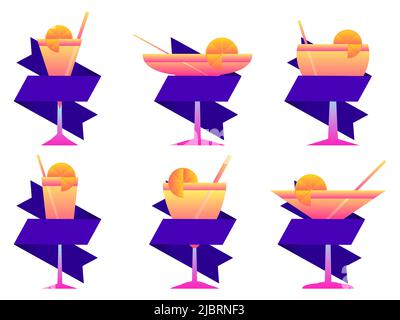 Cocktails set icons on white background. Glasses with alcoholic cocktails wrapped in a ribbon. Cocktail glasses with straw and orange slice. Bar menu Stock Vector