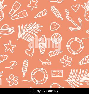 Summer travel and vacation concept seamless pattern vector illustration. Background with palm trees, ice cream, shells, games and bikinis. Print for t Stock Vector