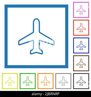 Airplane top view outline flat color icons in square frames on white background Stock Vector