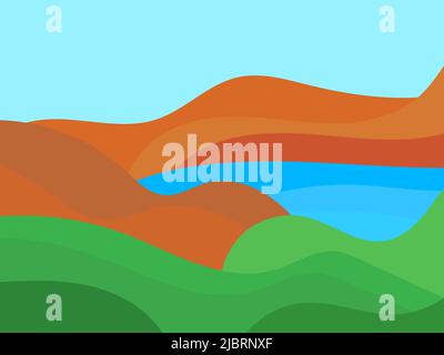 Lake among mountains and hills. Wavy landscape in a minimalist style. Design of posters and banners, booklets and promotional products. Vector illustr Stock Vector