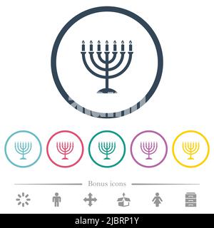 Menorah with burning candles solid flat color icons in round outlines. 6 bonus icons included. Stock Vector