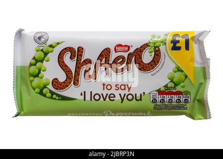 bar of Nestlé Nestle Peppermint aero chocolate bar ShAero to say I Love You isolated on white background - delightful peppermint Stock Photo