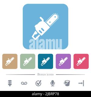 Chainsaw white flat icons on color rounded square backgrounds. 6 bonus icons included Stock Vector