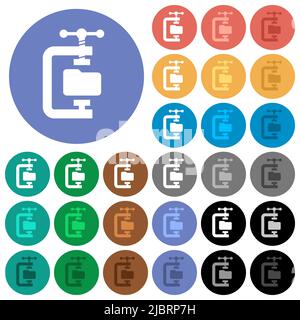 Folder compression solid multi colored flat icons on round backgrounds. Included white, light and dark icon variations for hover and active status eff Stock Vector