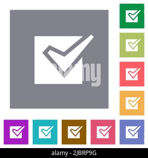 Checked box solid flat icons on simple color square backgrounds Stock Vector