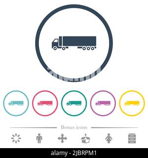 Camion side view flat color icons in round outlines. 6 bonus icons included. Stock Vector