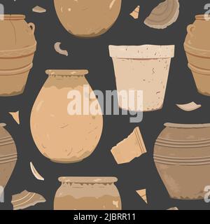 Seamless pattern of hand drawn vases, pots and potsherds. Clay pottery in pastel colors on dark background. Vector illustration  Stock Vector