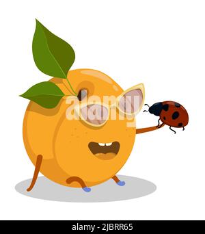 Cheerful baby apricot holds ladybug in his hand. Useful vegetables and fruits, outdoor picnic in nature. Cartoon vector character isolated on white ba Stock Vector