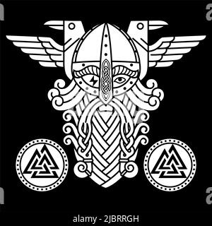 God Wotan, two ravens and runes shields. Illustration of Norse mythology Stock Vector