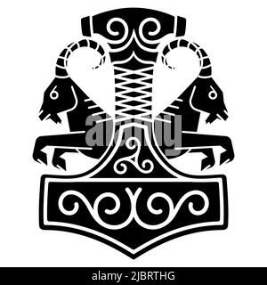 Thors hammer - Mjolnir, and two rideable goats the who pull the god Thors chariot in Norse mythology Stock Vector