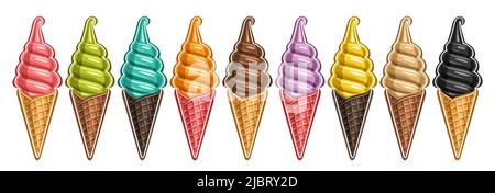 Vector Ice Cream Set, lot collection of 9 cut out different illustrations of realistic refreshing ice creams, horizontal banner with colorful icecream Stock Vector