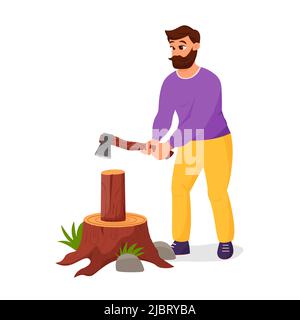 Cute lumberjack holding axe. Lumberman cuts a log. The concept of camping, outdoor recreation. Flat vector illustration Stock Vector