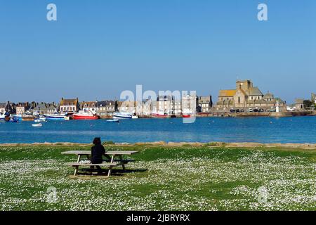 France, Manche, Cotentin, Barfleur, labeled Les Plus Beaux Villages de France (The Most Beautiful Villages of France), fishing and beaching harbour and Saint Nicolas church built from 17th century to 19th century Stock Photo