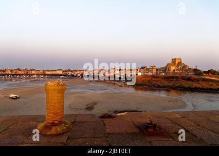 France, Manche, Cotentin, Barfleur, labeled Les Plus Beaux Villages de France (The Most Beautiful Villages of France), fishing and beaching harbour and Saint Nicolas church built from 17th century to 19th century Stock Photo